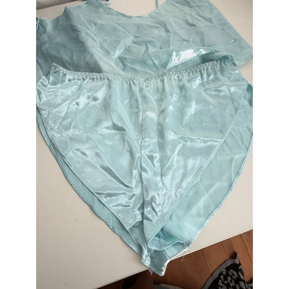 Vintage National Corset Lingerie Set Blue Satin Camisole Tap Shorts USA Made M